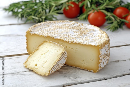Round Soft Cheese with a Creamy Texture on Rustic White Wooden Table with Tomatoes and Rosemary