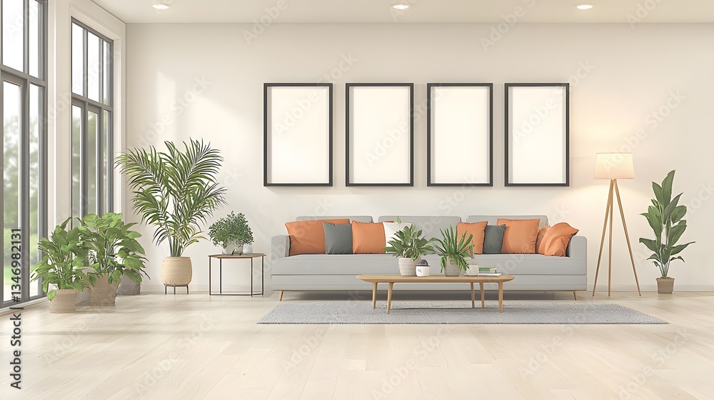 Fototapeta premium Modern Minimalist Living Room Interior Design with Potted Plants and Neutral Color Palette