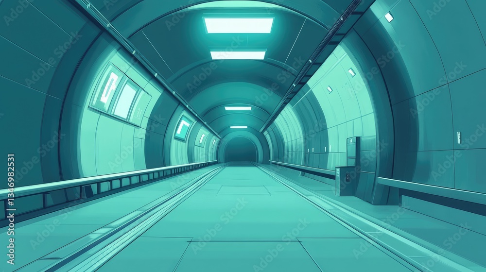 A futuristic, empty tunnel with glowing lights and smooth walls, creating a serene yet eerie atmosphere A futuristic, empty tunnel with glowing lights and smooth walls, creating a serene yet eerie atmosphere
