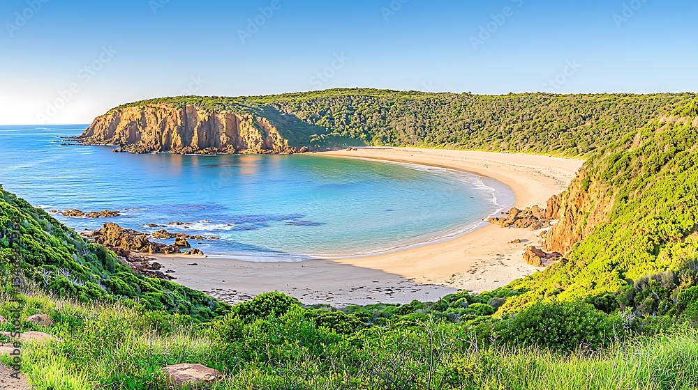Serene Coastal View of a Sandy Beach Surrounded by Lush Green Hills Serene Coastal View of a Sandy Beach Surrounded by Lush Green Hills