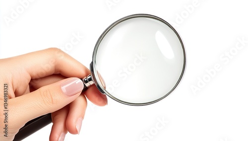 Close-up of a woman's hand holding a magnifying glass, isolated on a white background