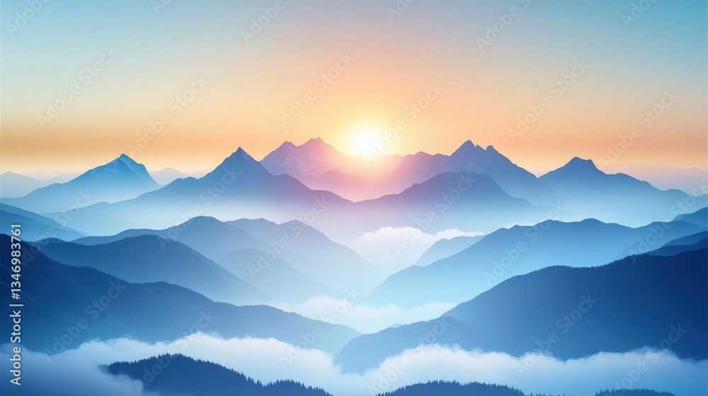 Mountain Sunrise with Misty Peaks, and Scenic Landscape. Mountain Sunrise with Misty Peaks, and Scenic Landscape.