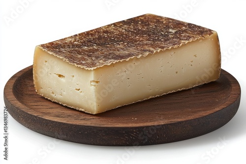 Rectangular Semi Hard Cheese on Wooden Board White Background