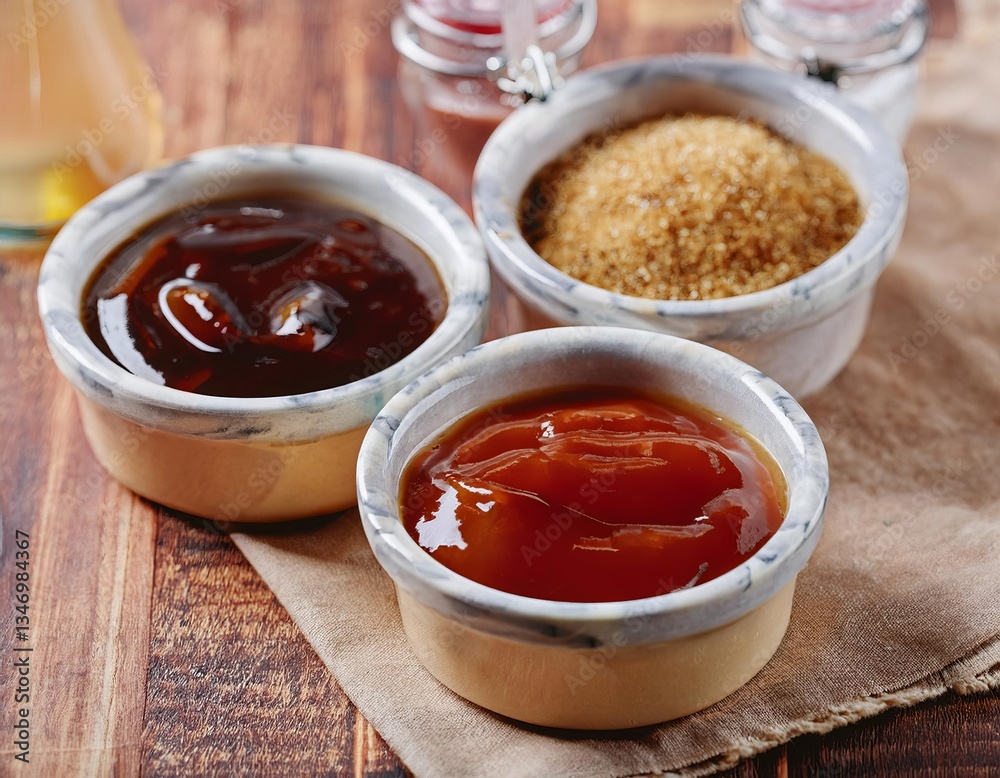 Ingredients for preparing smokehouse barbecue sauce resting on wooden table Ingredients for preparing smokehouse barbecue sauce resting on wooden table