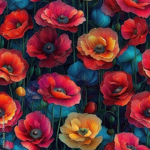 Vibrant Red and Orange Poppies Watercolor Effect Dark Background Floral Pattern