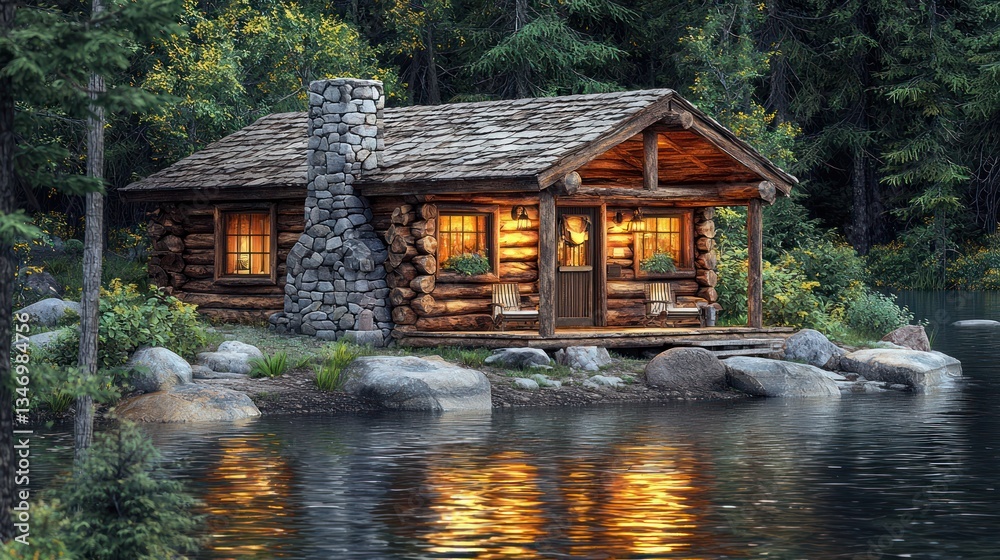 Fototapeta premium Rustic log cabin by a serene lake at dusk