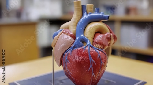 Detailed Anatomical Model of a Human Heart Displayed on a Table in a Classroom Setting