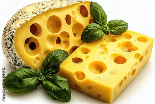 Close Up of Swiss Cheese with Basil on White Background