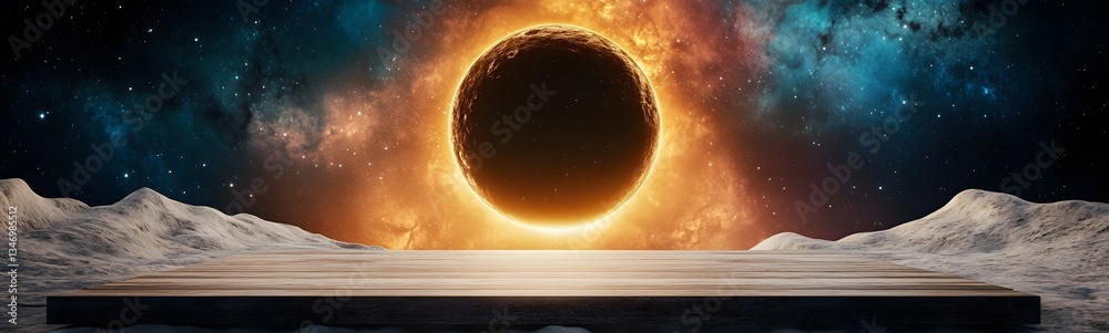 A podium floating in space, with a massive black hole in the background.