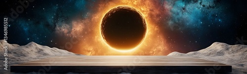 Obraz na płótnie A podium floating in space, with a massive black hole in the background. w salonie