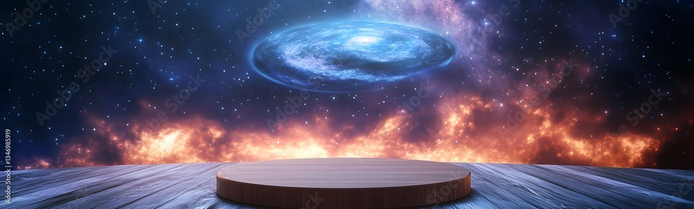 A podium floating in space, with a massive black hole in the background.