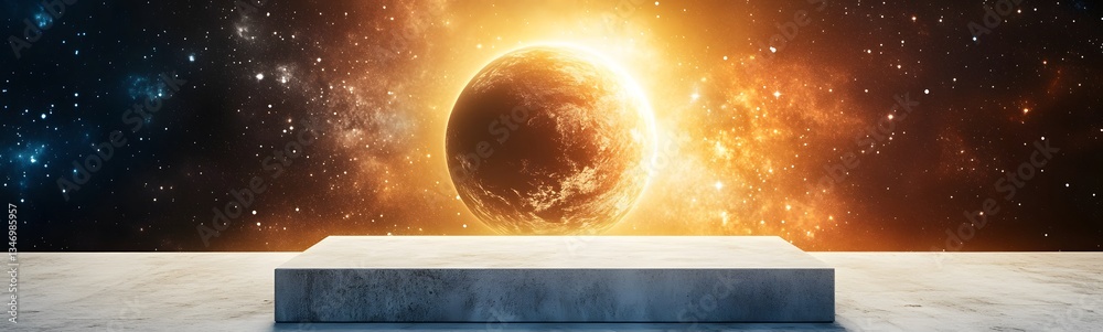 A podium floating in space, with a massive black hole in the background.