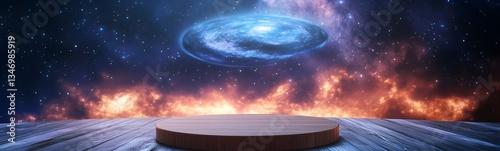 A podium floating in space, with a massive black hole in the background.