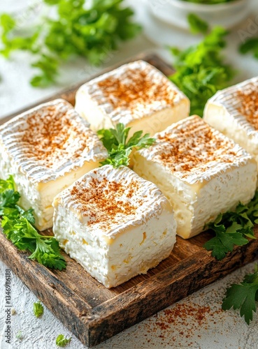 Six Cubes of Creamy White Cheese with Herbs and Spices on Rustic Wooden Board
