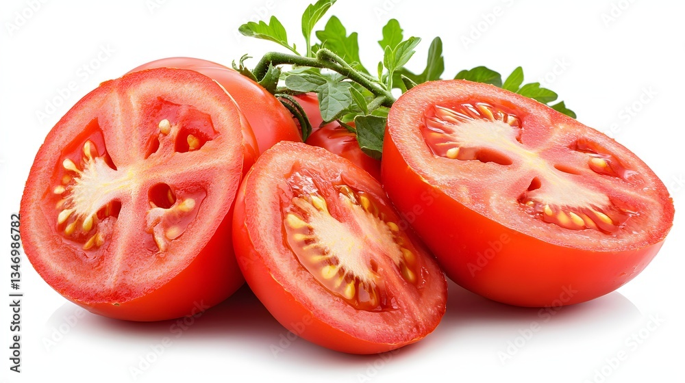Freshly Sliced Red Tomatoes with Green Leaves Isolated on White Background Freshly Sliced Red Tomatoes with Green Leaves Isolated on White Background
