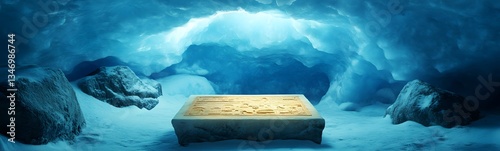 A podium frozen inside a glacier, with ancient artifacts trapped within.