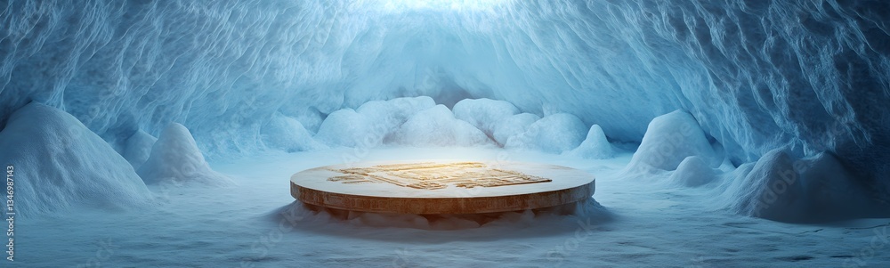 A podium frozen inside a glacier, with ancient artifacts trapped within.