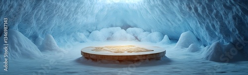Obraz na płótnie A podium frozen inside a glacier, with ancient artifacts trapped within. w salonie