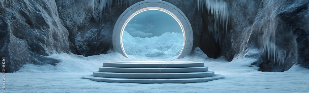 A podium frozen inside a glacier, with ancient artifacts trapped within.