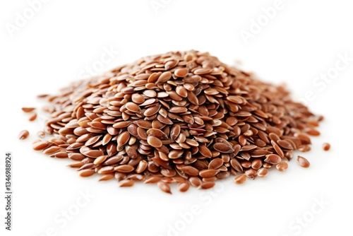 A close-up view of a pile of brown flax seeds, showcasing their texture and color.