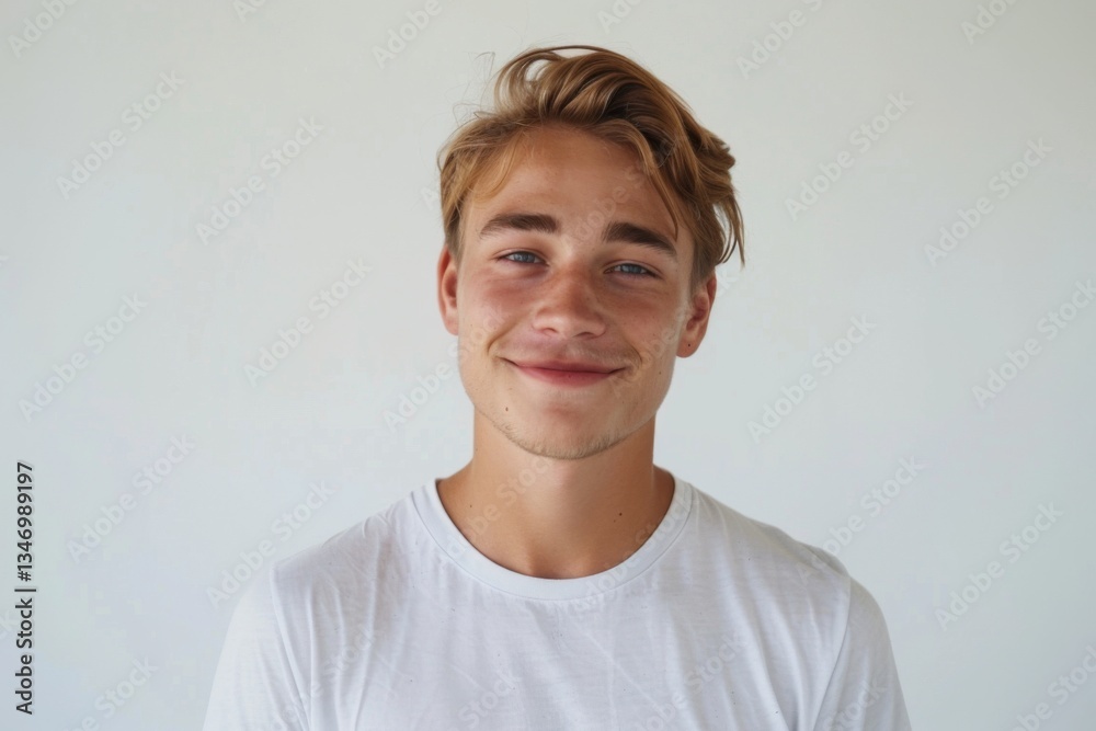 Portrait of a handsome young man in white t shirt smiling while standing against white background Portrait of a handsome young man in white t shirt smiling while standing against white background