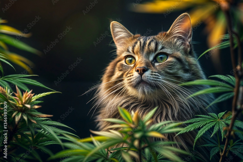 Fototapeta premium Red cat hiding in cannabis bush