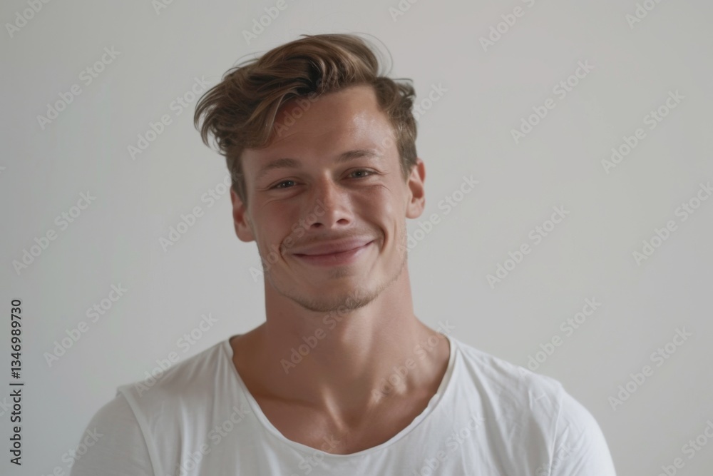 Portrait of a handsome young man in white t shirt smiling while standing against white background Portrait of a handsome young man in white t shirt smiling while standing against white background