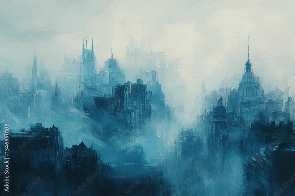 Fototapeta premium Misty blue city, painted abstract skyline.