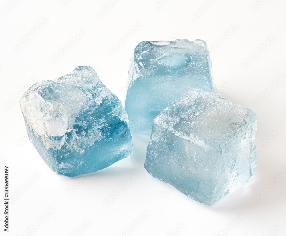 Obraz premium Three Blue Ice Cubes on White Background for Refreshing Drinks