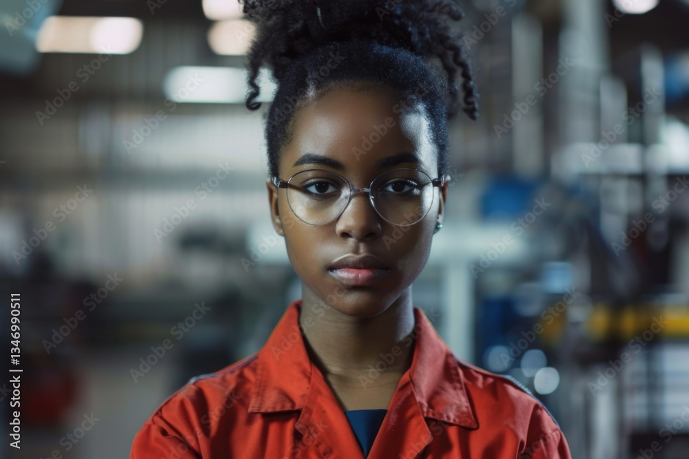Fototapeta premium Portrait of a young adult African American female assembly line worker