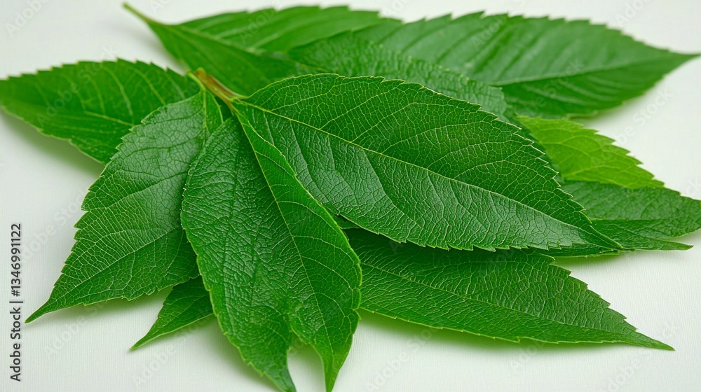 Fototapeta premium A close-up view of green leaves, highlighting their intricate veins and rich hues, forming a beautiful and natural background full of life and organic detail. , Minimalism Clean and clear background