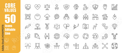 Set of editable core values icons. Ethics, principles, responsibility, commitment, respect, and more. Modern-style vector illustration