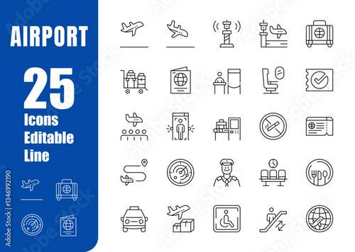Set of editable airport icons. Travel, flights, airplanes, security control, luggage, and more. Modern-style vector illustration