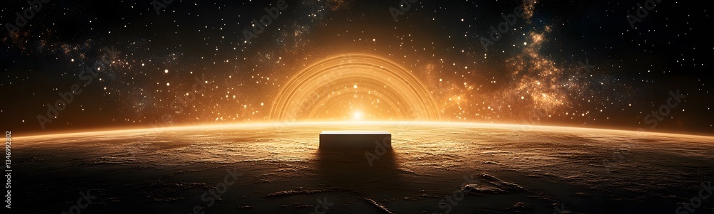 A podium standing on Saturn is rings, with cosmic dust swirling around.