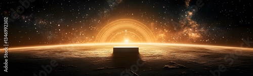 Obraz na płótnie A podium standing on Saturn is rings, with cosmic dust swirling around. w salonie