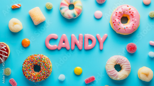 Assortment of colorful candies and donuts on a vibrant blue background.