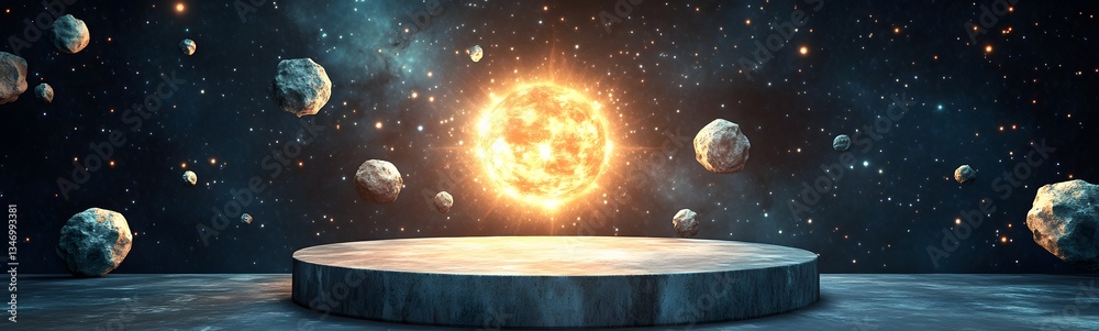 A floating podium in zero gravity, surrounded by asteroids and space debris.