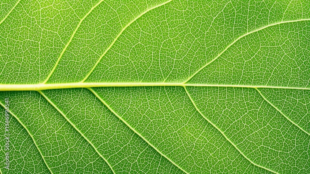 Obraz premium A vibrant macro close-up of a leaf, highlighting its intricate veins and rich green hues, showcasing the natural beauty and detail of the leafâ€™s surface. , Minimalism Clean and clear background