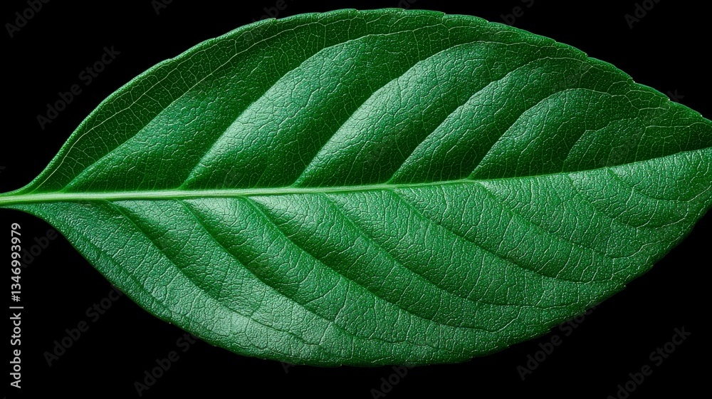 Obraz premium A macro close-up of a vibrant green leaf, with intricate veins and a glossy surface, capturing the fresh and natural beauty of natureâ€™s most delicate details. , Minimalism Clean and clear background
