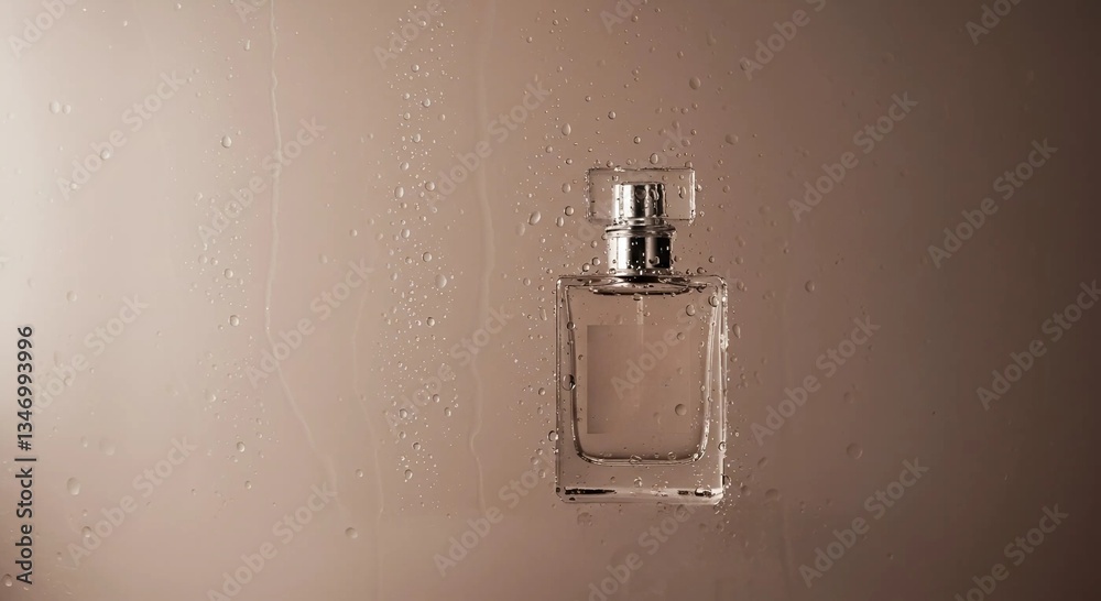 perfume placed behind a fogged glass surface with drops of water perfume placed behind a fogged glass surface with drops of water