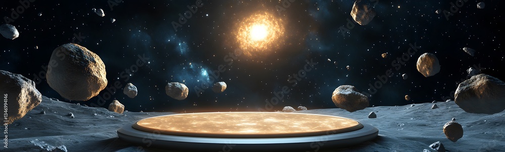 A floating podium in zero gravity, surrounded by asteroids and space debris.