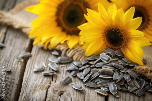 Sunflowers and their seeds on rustic wooden surface.  A close-up view of nature's bounty.