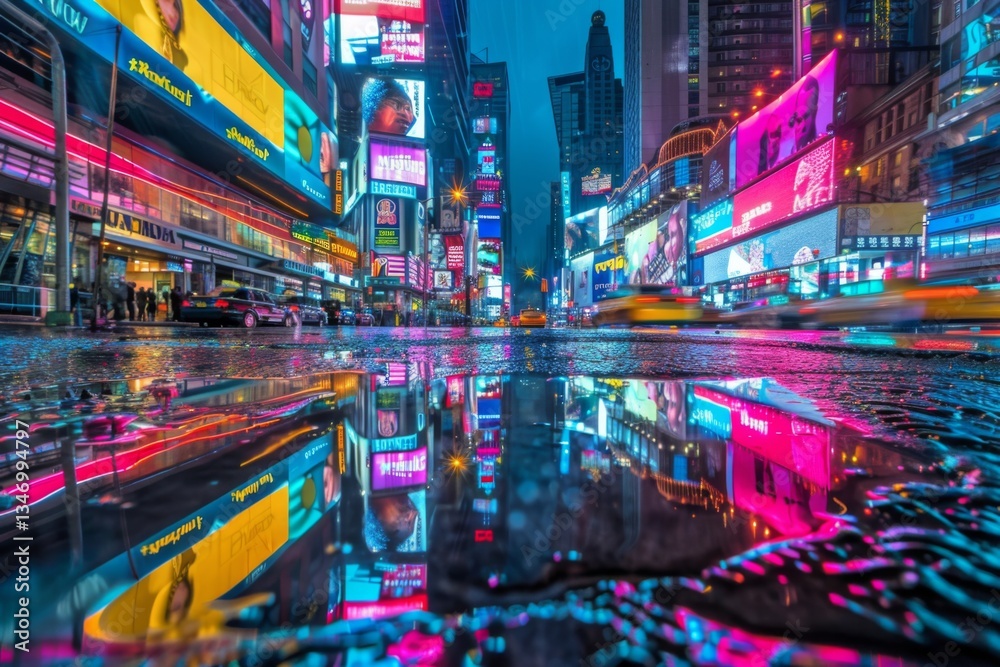 Puddle of rain water after rainfall in concrete city jungle with rain soaked street reflecting the colorful neon lights Puddle of rain water after rainfall in concrete city jungle with rain soaked street reflecting the colorful neon lights