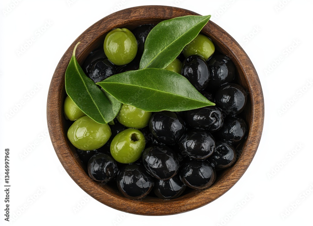 Fresh Green and Black Olives with Leaves in Wooden Bowl on White Background for Culinary and Healthy Lifestyle Use Fresh Green and Black Olives with Leaves in Wooden Bowl on White Background for Culinary and Healthy Lifestyle Use