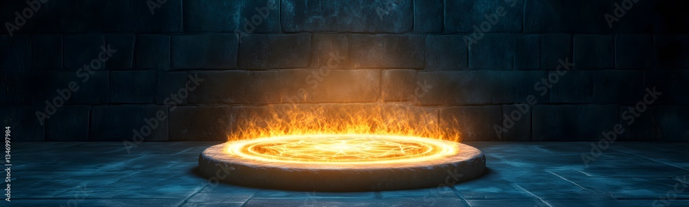 A podium glowing with arcane magic, floating above an ancient spell circle.