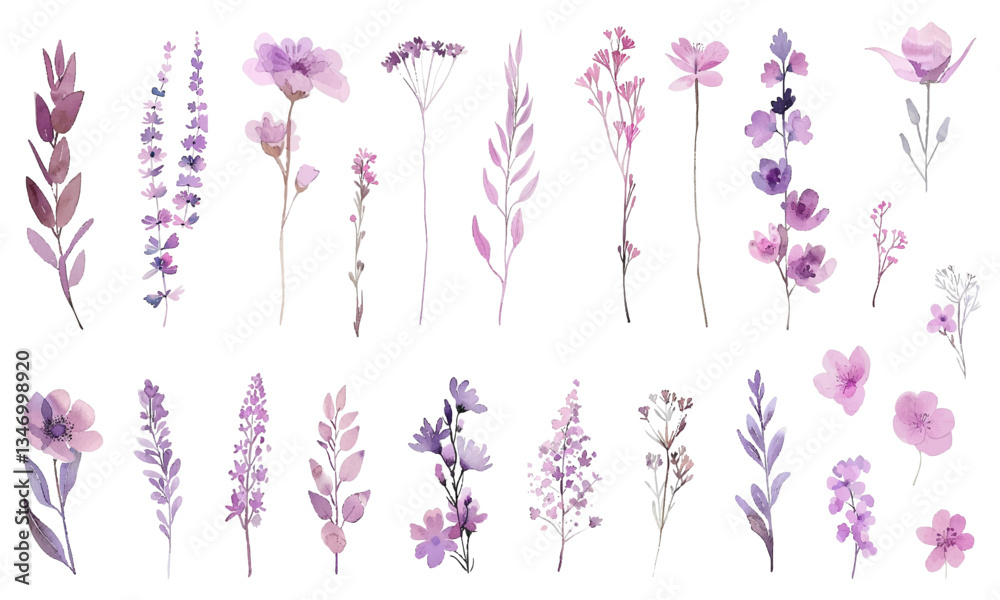 Delicate botanical elements featuring various wildflowers and leaves in soft purple hues vector illustration. The set includes lavender, lilac, other floral species. Delicate botanical elements featuring various wildflowers and leaves in soft purple hues vector illustration. The set includes lavender, lilac, other floral species.