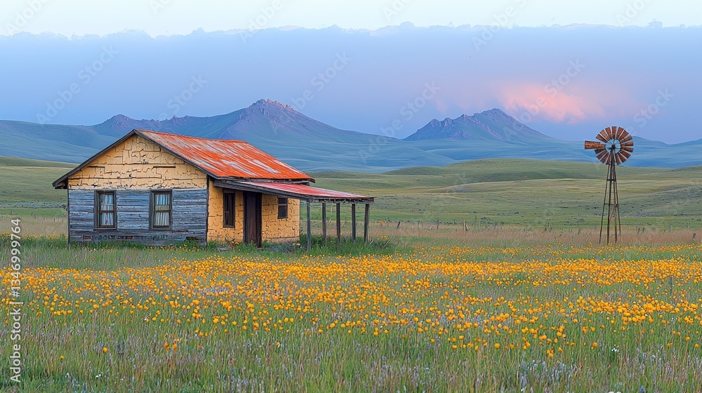 Fototapeta premium Rustic farmhouse in a colorful meadow