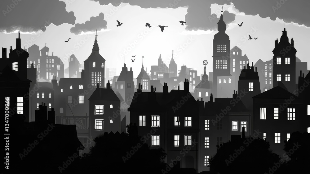 Fototapeta premium Black and white city silhouette with flying birds