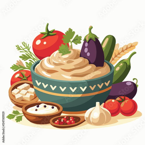 food, eggplant, cuisine, arabic, traditional, appetizer, vegetarian, dip, hummus, babaganoush, turkish, lebanese, vegetable, mediterranean, ganoush, parsley, healthy, snack, arabian, greek, baba, back