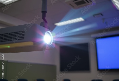 Engaging presentation setup with projector conference room digital display professional environment overhead view visual communication